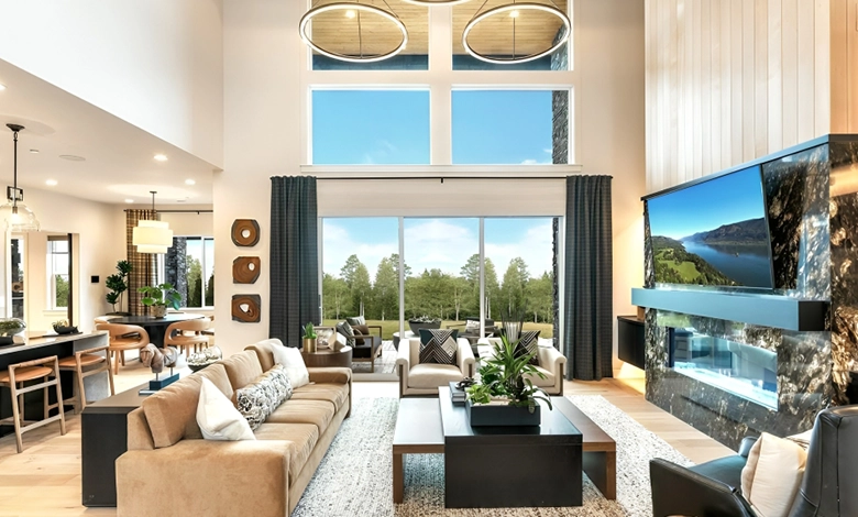 Spacious living room with modern decor, large windows, and scenic outdoor view.