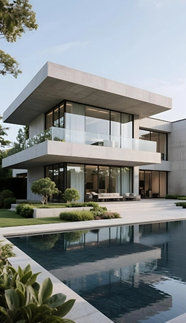 Modern luxury home with large windows and pool in front.