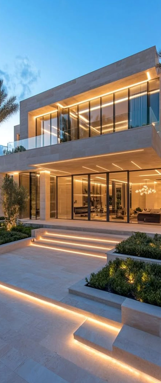 Modern luxury home with large windows and illuminated steps at dusk.