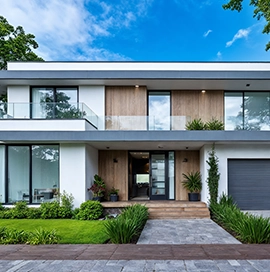 Modern two-story house with large windows and landscaped front yard.