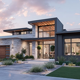 Modern luxury home exterior with sleek design and lush landscaping.