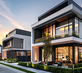 Modern luxury homes with large windows and outdoor seating at sunset.