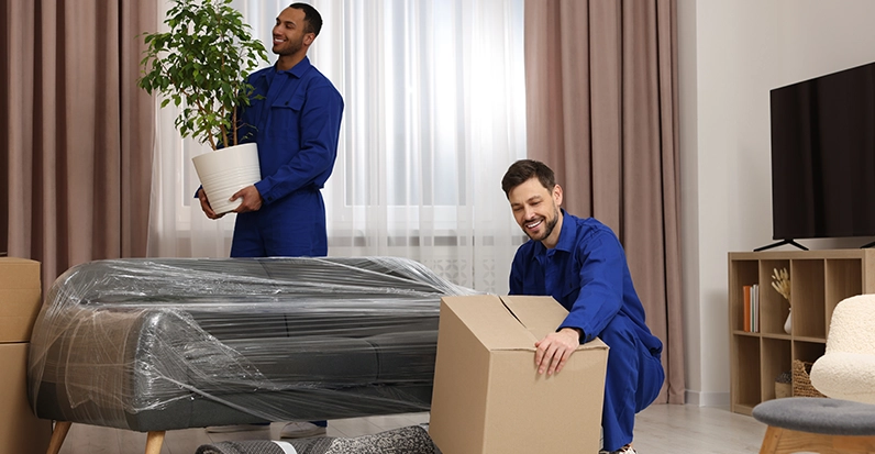 Two men in blue coveralls unpacking boxes and a plant indoors.
