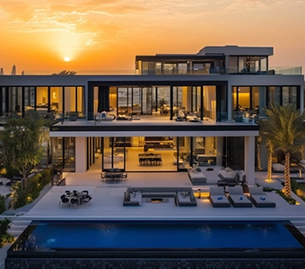Modern luxury home with large windows, terrace, and pool at sunset.